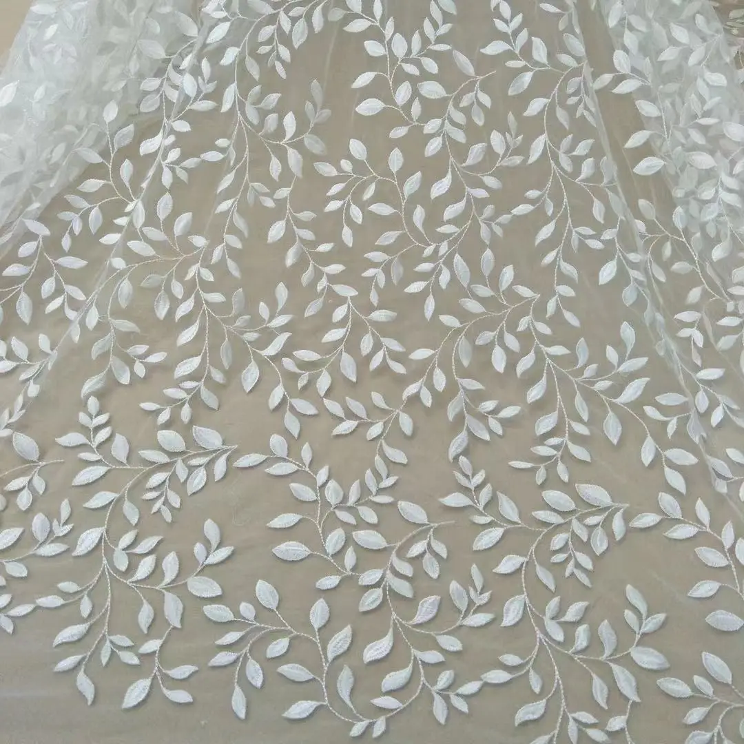 Fresh small leaf ivory full size wedding dress lace fabric material width 130cm sold by size