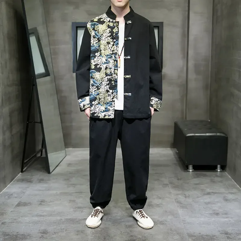 

Chinese Style Cotton Linen Plate Buckle Patchwork Dragon Printed Tang Suit Jacket Trousers Men Fashion Wushu Uniform Plus Size