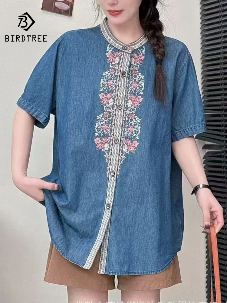 

New 2025 Summer Short Sleeve Denim Shirt, Women O Neck Embroidery, Mori Girl French Retro Commute Casual Loose Blouse T56221CC