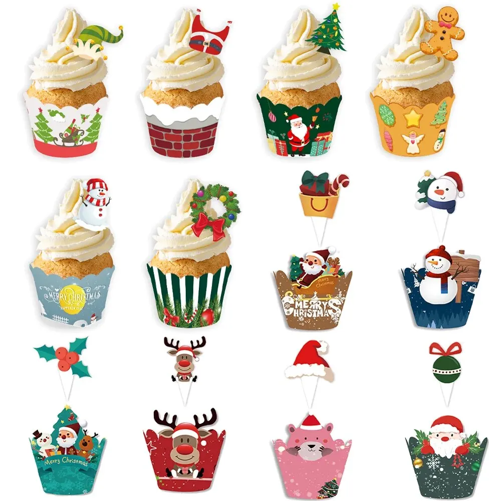 6pcs Santa Christmas Cupcake Wrapper Birthday Party Cake Topper Decorations Santa Xmas Tree Christmas Party Cake Decoration