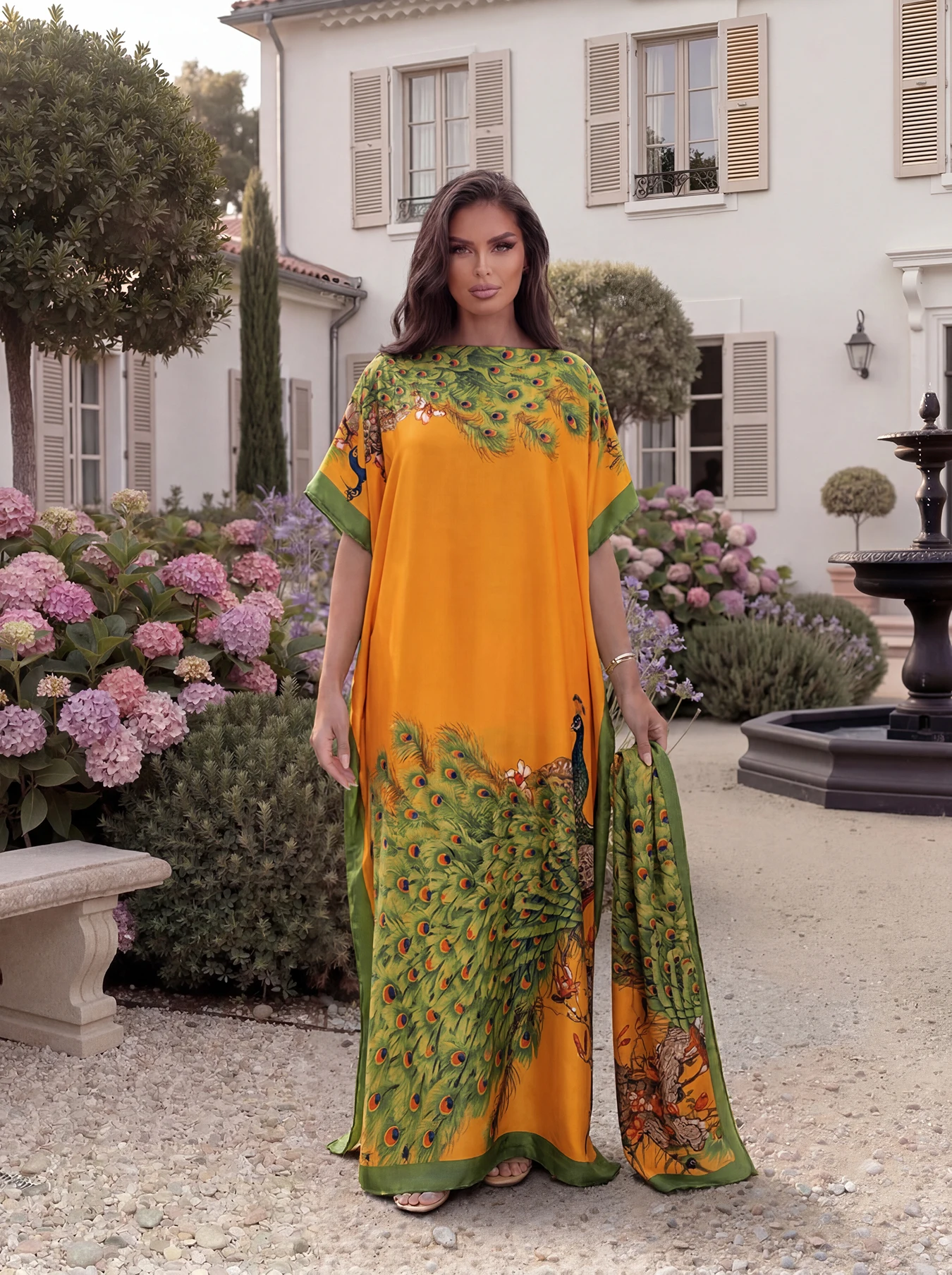 Peacock Print Abaya with Matching Scarf, Loose Long Robe, Summer Beach Vacation Outfit for African Muslim Ladies