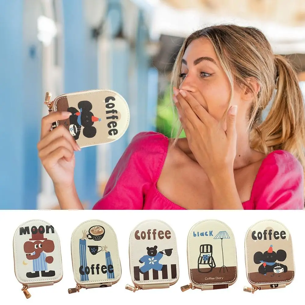 Carteira de zíper curto multi-slot criativa, bolsa de café, bolsa de cartão de alta capacidade, mulher e menina