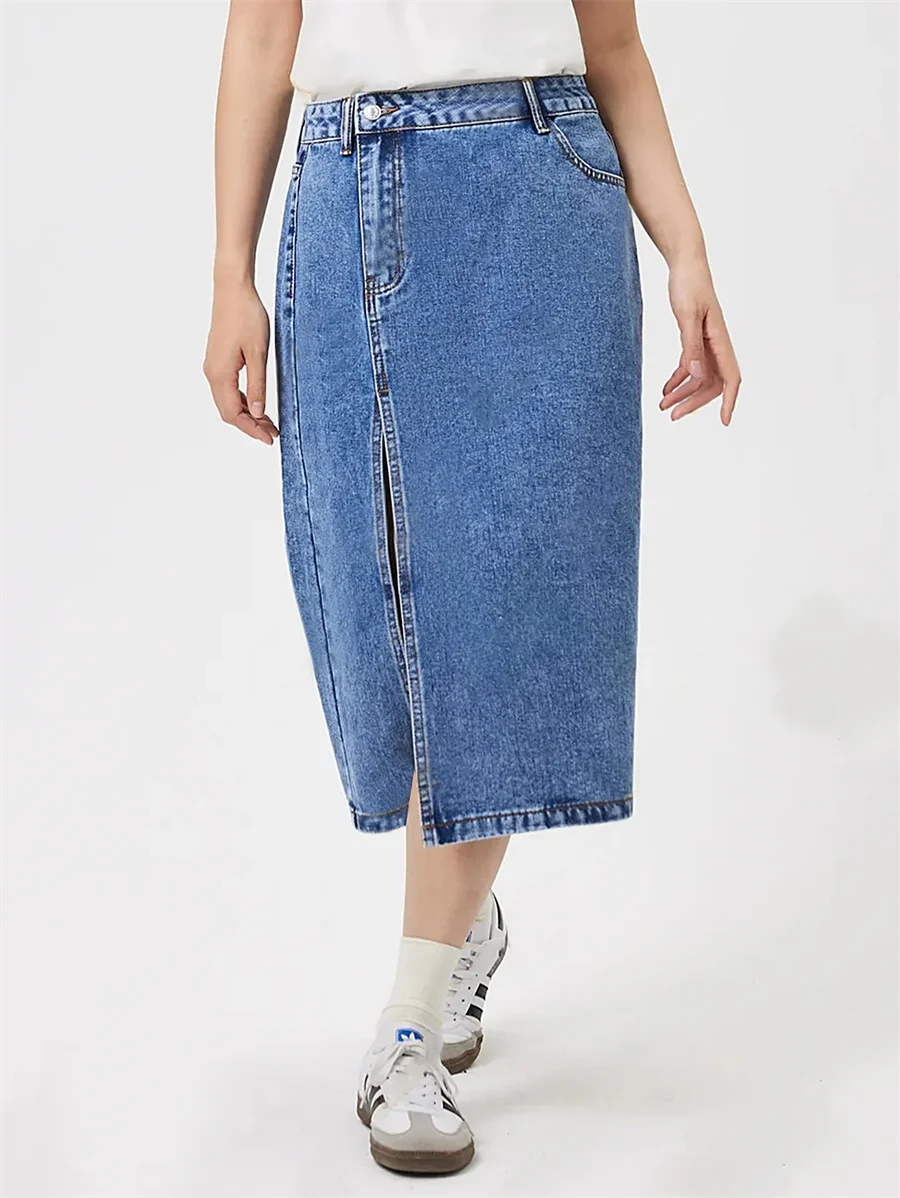 Benuynffy Summer New Split Denim Skirt Women's Fashion Vintage Straight Skirt High Waist Female Street Casual Jean Long Skirts