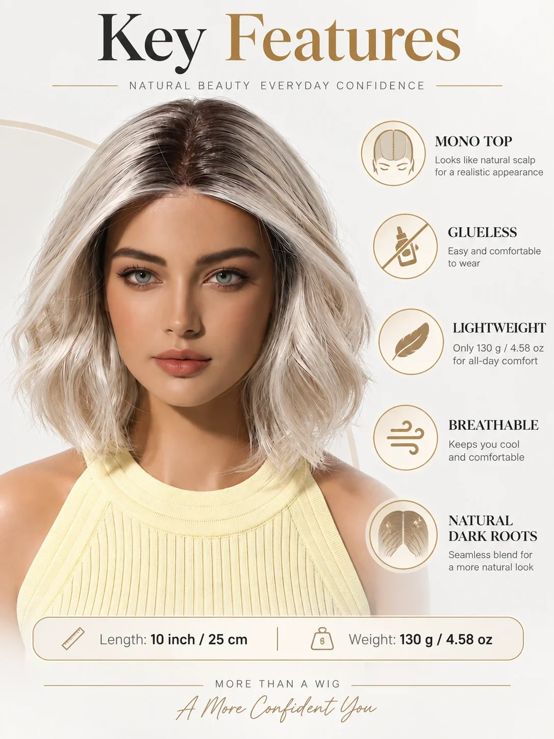 MONO Glueless Bob Wig for Women Ash Brown Highlight Synthetic Hair Middle Part Natural Scalp Lightweight Breathable