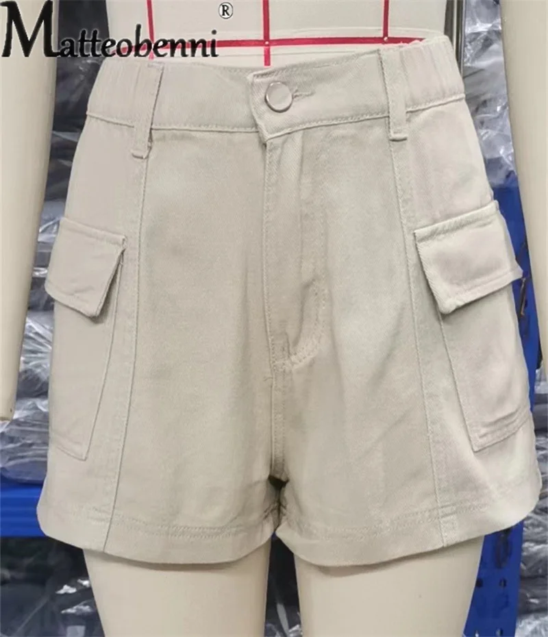 2023 neue Einfarbig Straße Trend Weibliche Overalls Mode Sommer Casual Spleißen Tasche Denim Shorts frauen Drei Viertel Hosen