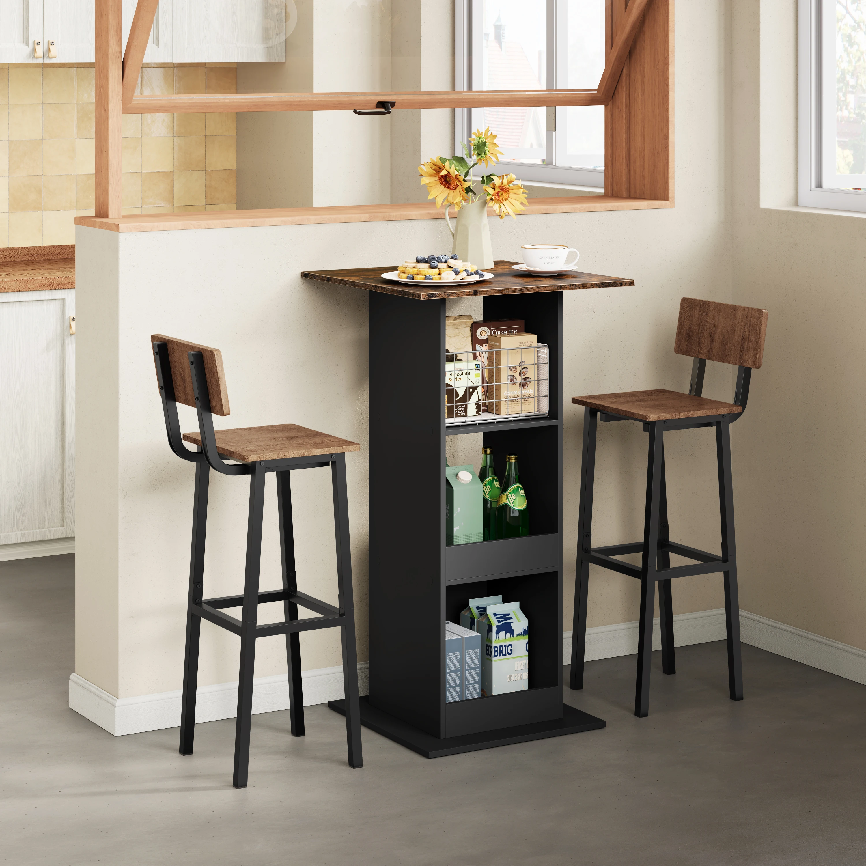 WOLTU Bartisch aus Holz für Esszimmer, rustikaler brauner Bistrotisch mit 3 Ablagen, quadratischer Thekentisch für Küche, Höhe 112 cm