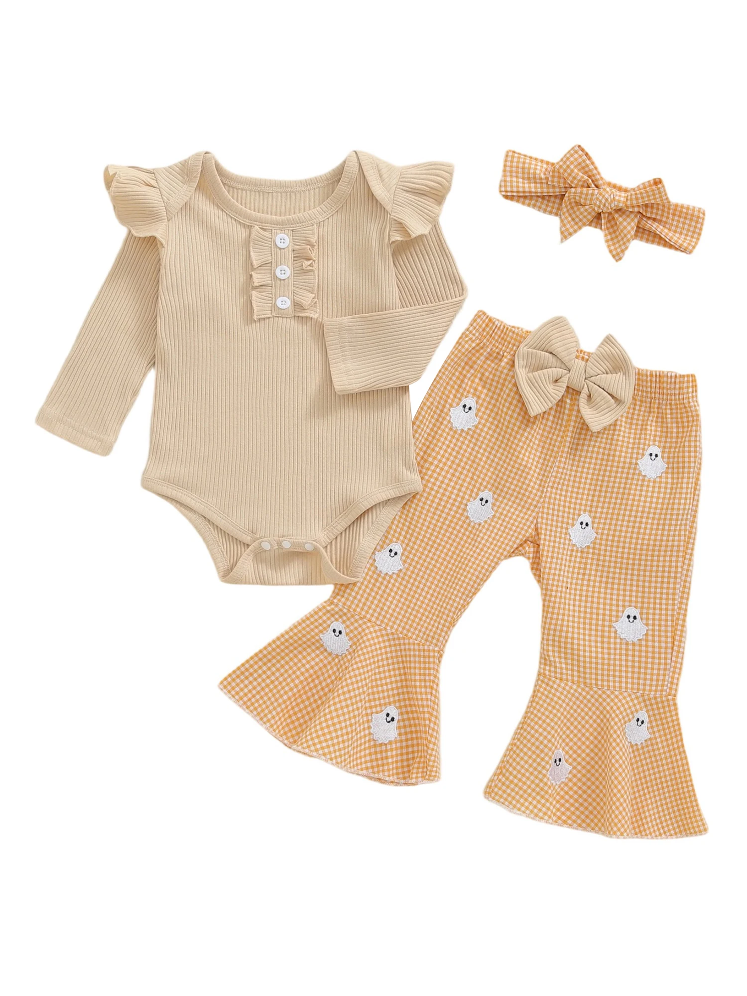 유아 소녀 가을 의류 세트 긴 소매 프릴 롬퍼 호박 자수 바지 및 어울리는 머리띠 - 신생아