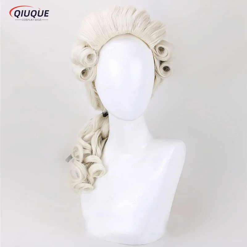 Beige Lawyer Judge Pianist Music Performance Wig Cosplay Baroque Curly Colonial Historical Halloween Cosplay Wig + Wig Cap