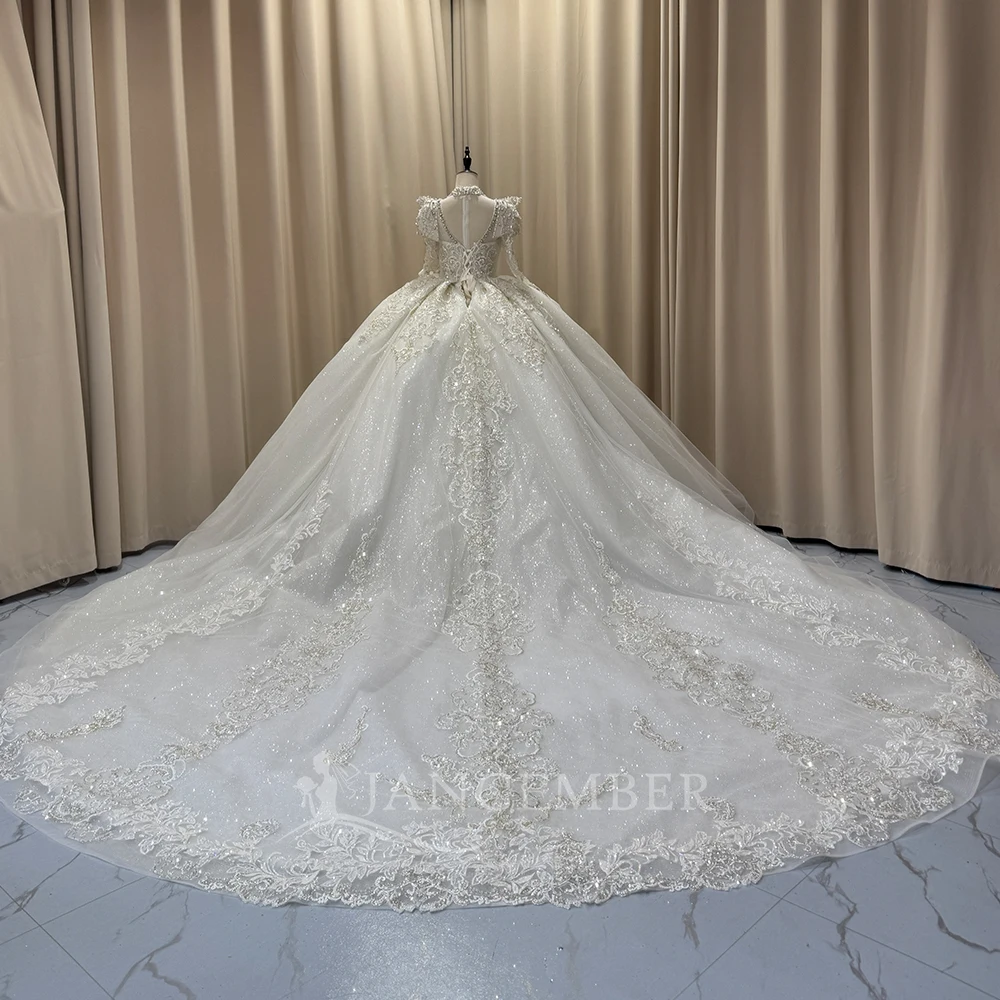 Ravishing Wedding Dress White Beaded Tulle Lace Ball Gown Customized Square Neck Long Sleeves Chapel Train فساتين حفلات الزفاف