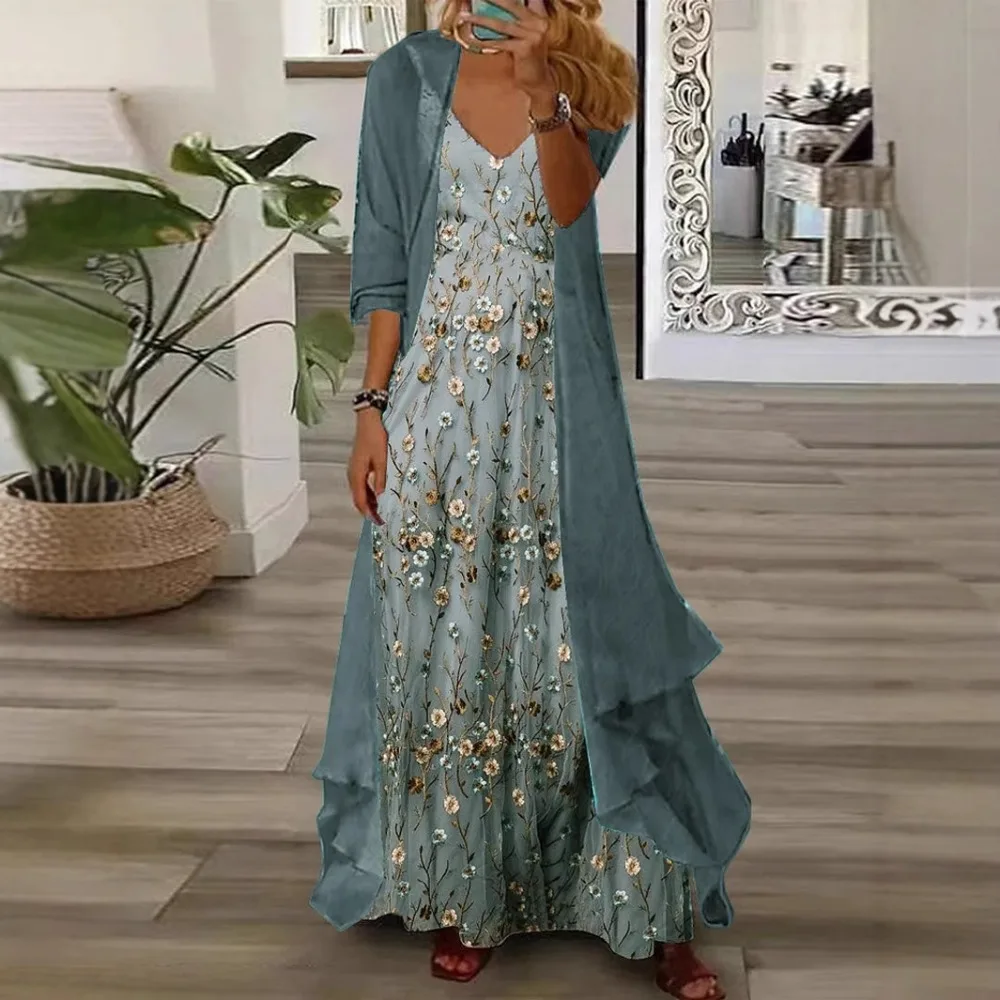 Nouvelle Robe de Soirée Élégante en Chiffon Imprimé Vintage, Ensemble 2 Pièces avec Cardigan et Camisole, Manches Mi-Longues Drapées, Collection Automne 2026 pour Femme