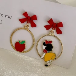 Cute Bow Round Drop Earrings for Women Princess Apple Poker Charms Asymmetrical Dangle Earrings Party Sweet Jewelry Girls Gift