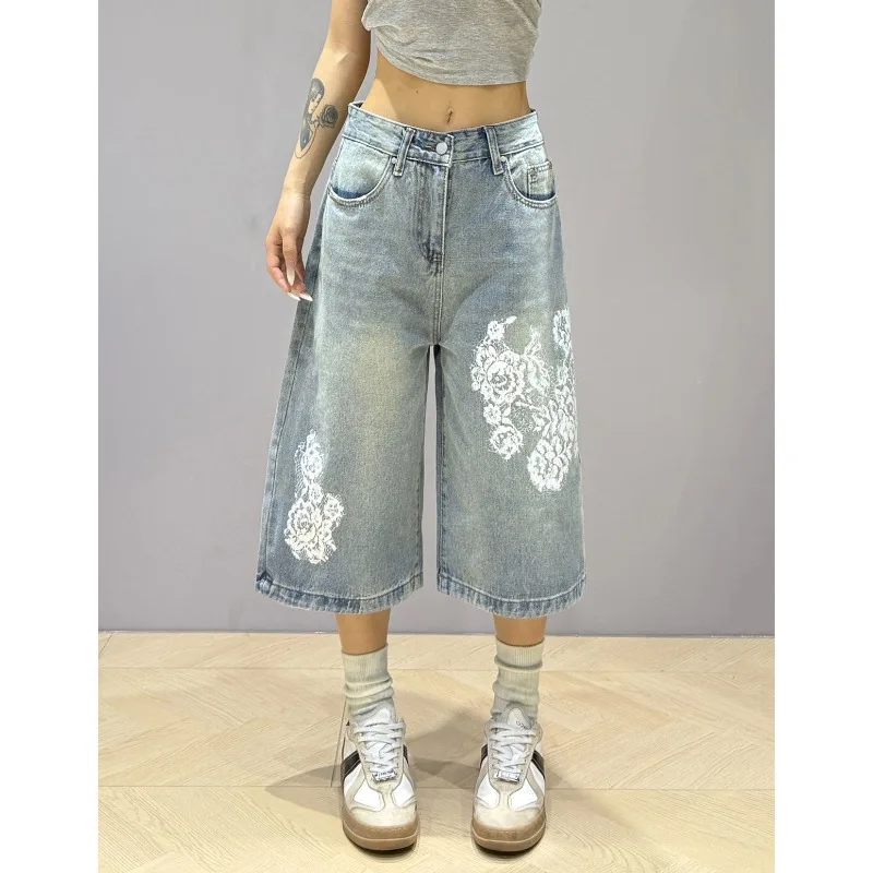 Y2K American Vintage Heavy Industry Jeans stampati in pizzo Donna High Street Design Si sente pantaloni larghi e sottili a sette punti a gamba larga