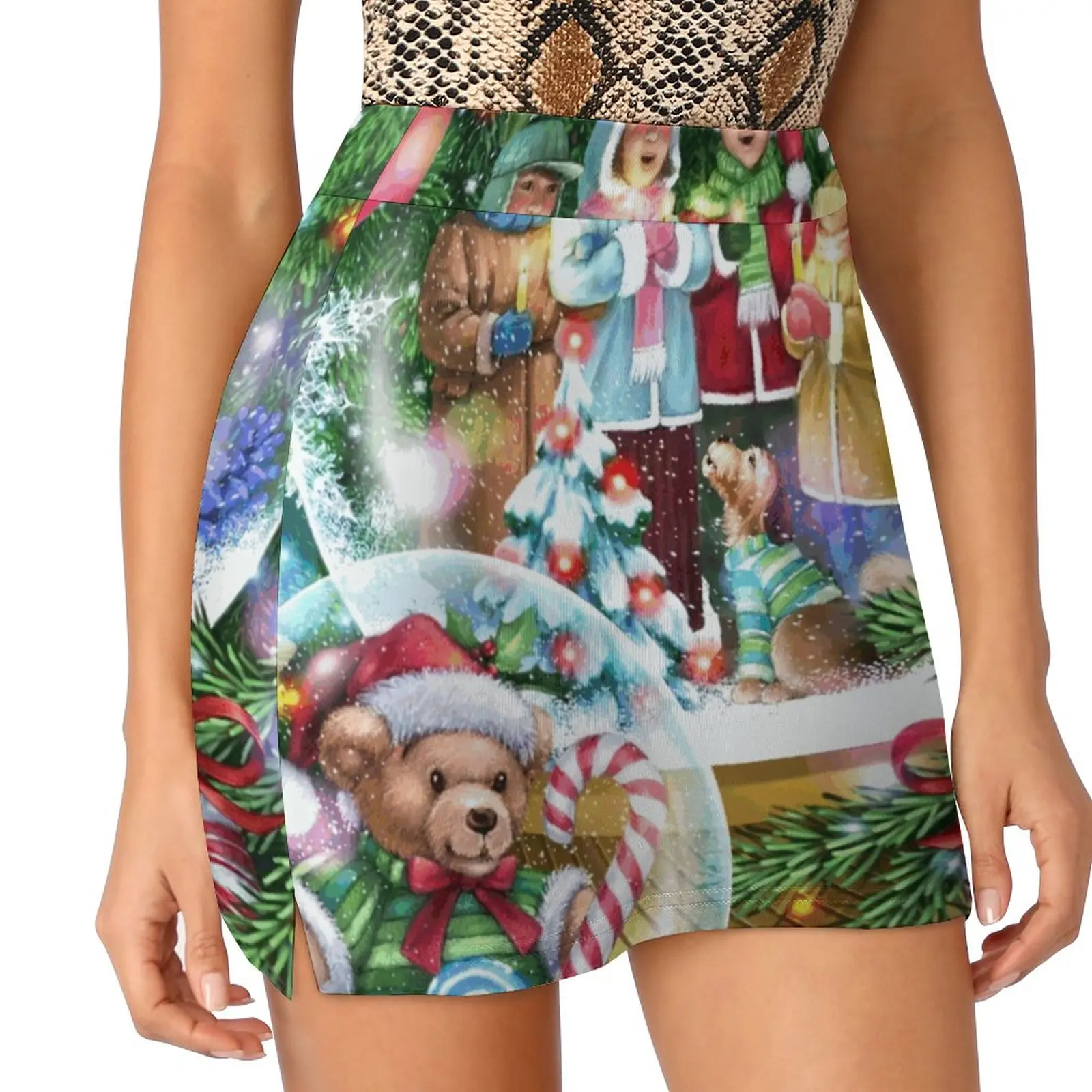 Carolers And Teddy Bear Snow Globe Women's skirt Aesthetic skirts New Fashion Short Skirts Christmas Decorations Holiday Candy