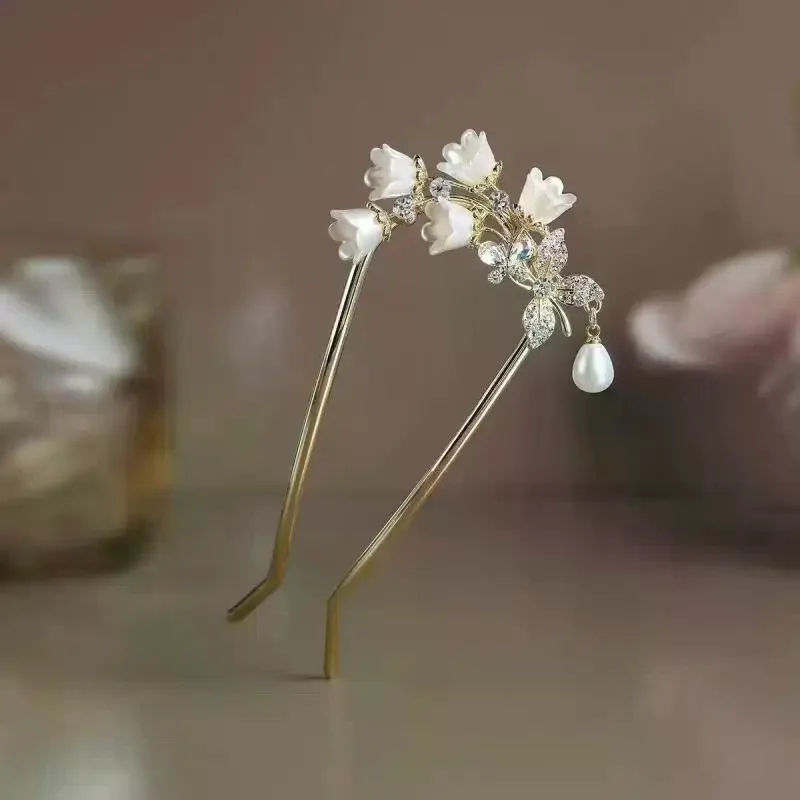 Chinês hanfu acessórios de cabelo longo borla vintage lírio do vale em forma de u grampos de cabelo flor artesanal varas de cabelo para mulher