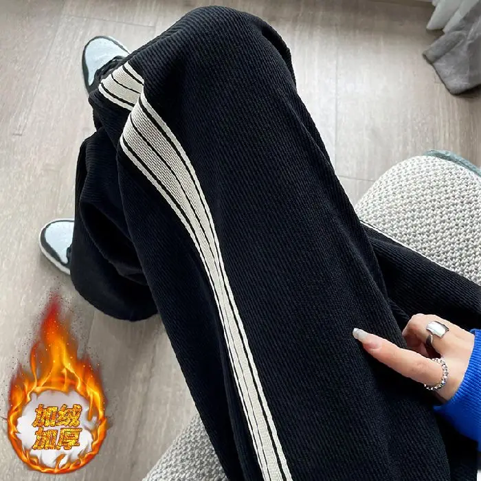 

plus Size Fleece Lined Stripe Pants Women Autumn Winter New Style Draped Cotton Thick Straight Casual Warm Retro Wide Leg Pants