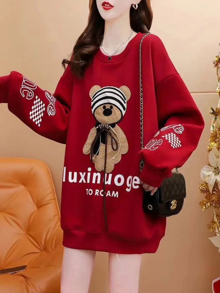 

Autumn Winter Bear Print Fleece Lined Loose Fit mid Length Sweatshirt Hoodie Two Piece Set Comfortable Lazy Style Ensemble