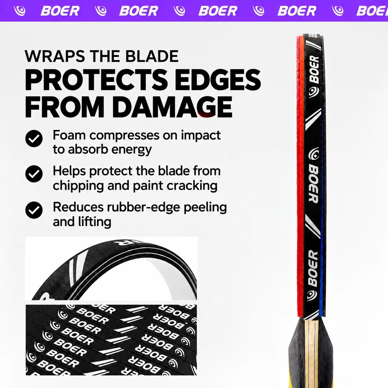 Boer Table Tennis Racket Edge Protection Strip Anti-Collision Self-Adhesive Table Tennis Blade Protection Strip Sponge Edge Protector