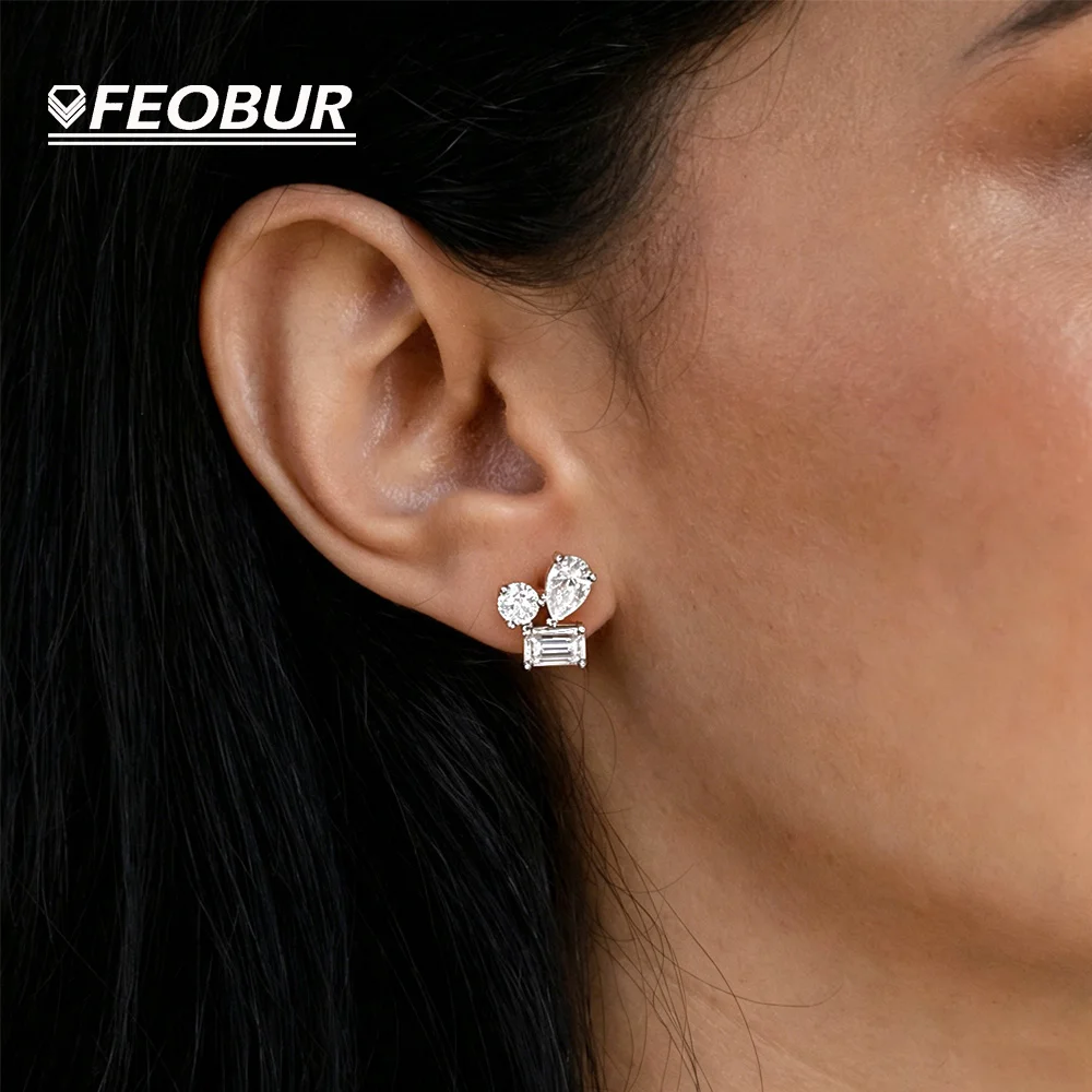 2.4/3.6CT Full Moissanite Stud Earrings for Women Girls 3 Gems Cluster Lab Diamond Earring S925 Sterling Silver Dainty Jewelry