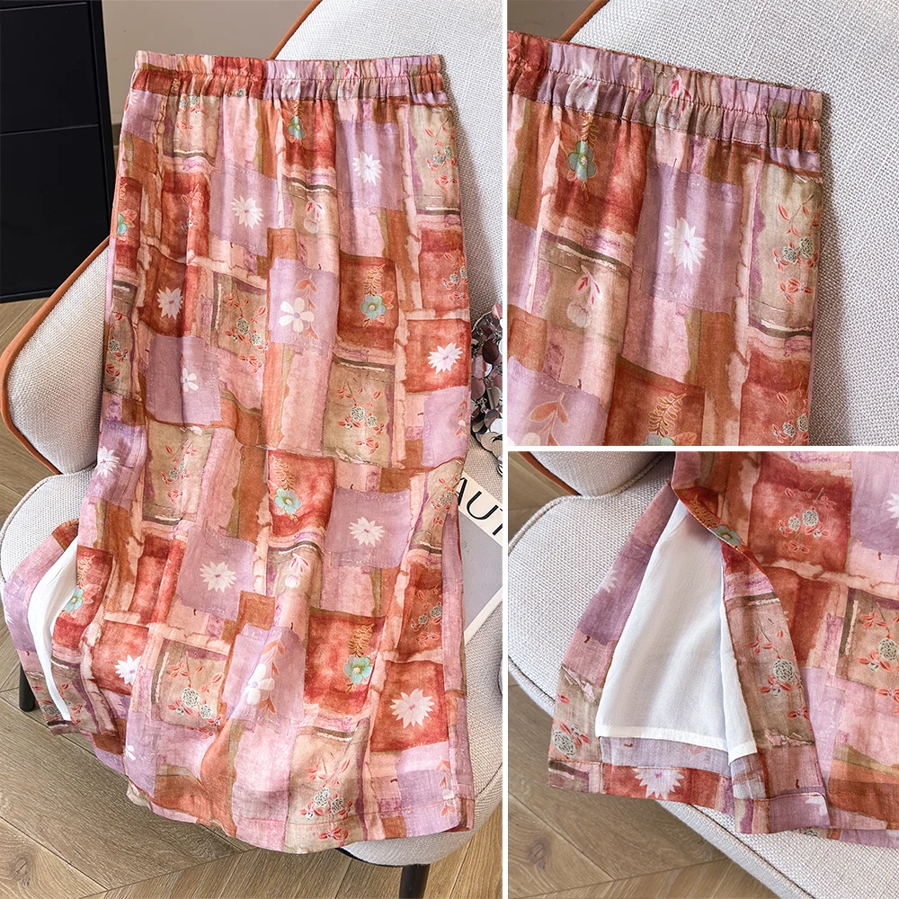 

Summer New Vintage Floral Print Loose A-Line Skirt Half-length Drawstring Waist Design Comfortable Fit Women's Midi Skirt