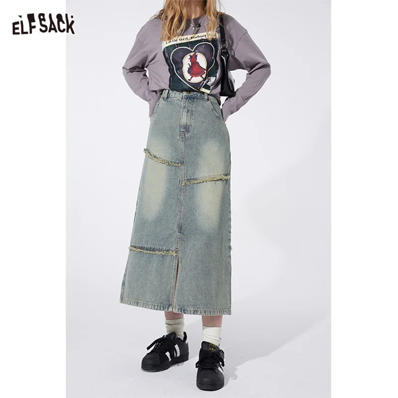 ELFSACK raw hem split high-rise skirt street style vintage mid long length skirt 2024 spring new straight denim trapeze skirt