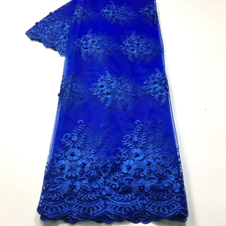 Royal Blue African Lace Fabric 2023 High Quality Lace with Beads French Tulle Lace Guipure Nigerian Lace Fabrics for Dress M354