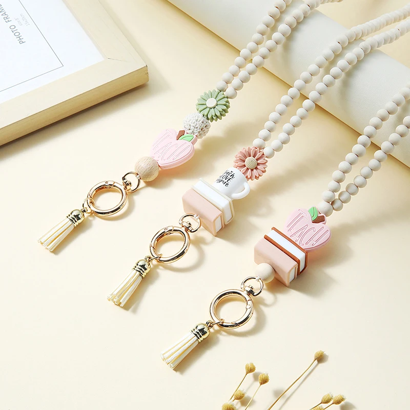 

1set Fashion Wood Beaded Lanyard For Key Teacher Lanyard With ID Holder Super Cute Boho Breakaway Lanyard For Women