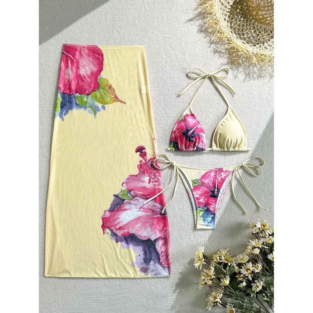 Blumenmuster mit Rock, Neckholder-Bikini, Damen-Badebekleidung, dreiteiliges Bikini-Set, Damen-Badeanzug, Badebekleidung, Badeanzug, Schwimmkleidung V6637 – Detail 31