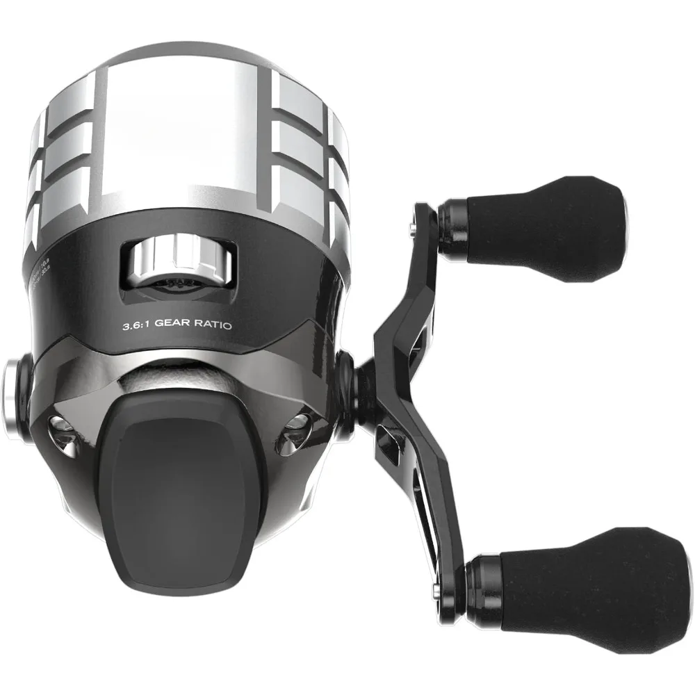 

Swivel fishing reel, instant anti-reverse clutch, all-metal gears, replaceable right- or left-handed retrieval