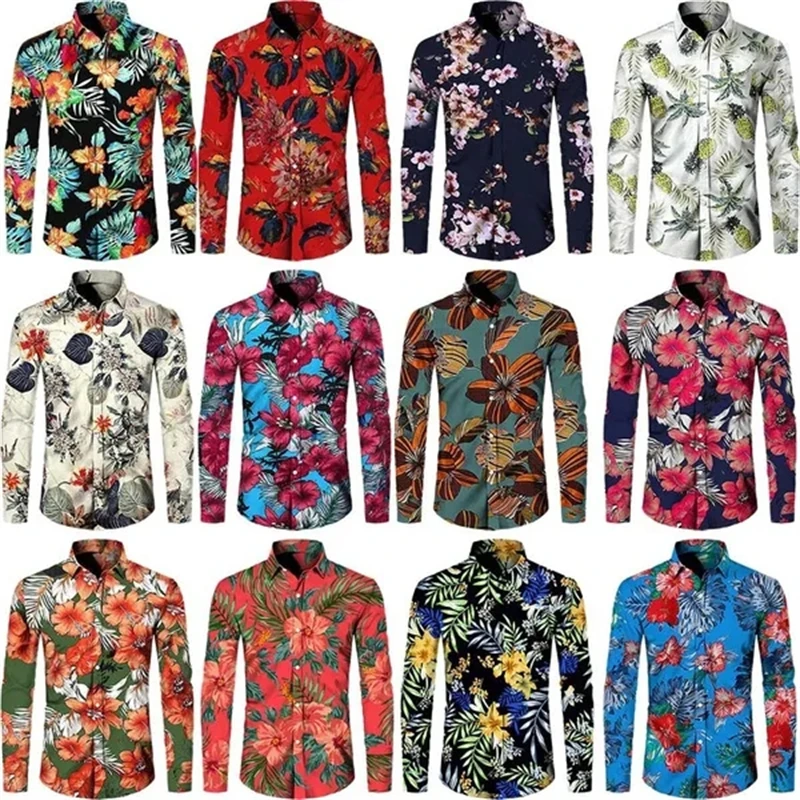 Men\'s Casual Shirt Hot New Arrival Flower Print Long Sleeve Button Lapel Shirts Male Fashion Plus Size Beach Holiday Shirt Top