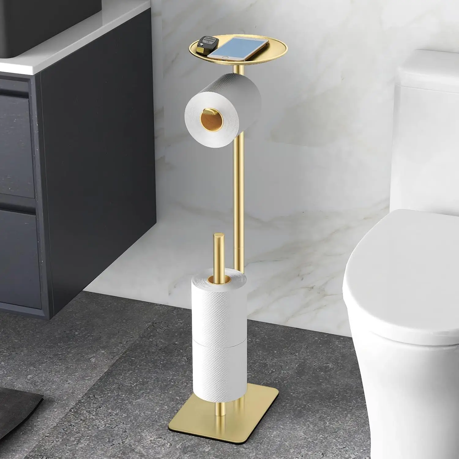 

Gold Floor Standing Toilet Paper Holder with Storage Shelf for Bathroom, Holds 4 Rolls and Organizes Phones, Wipes, Wallet