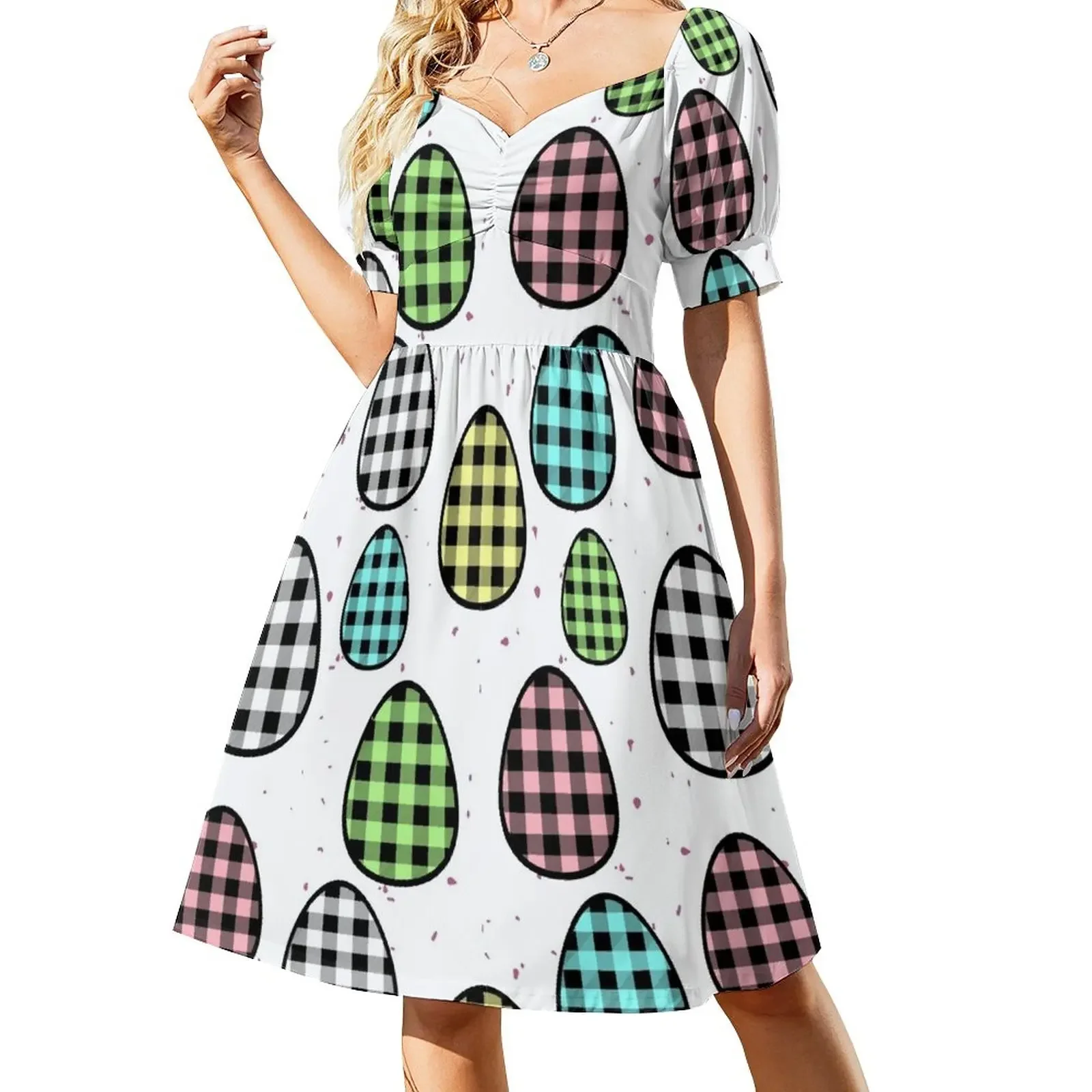 

Plaid Easter Egg Pattern Short-Sleeved Dress Evening gown sensual sexy dress for women summer dress korean women