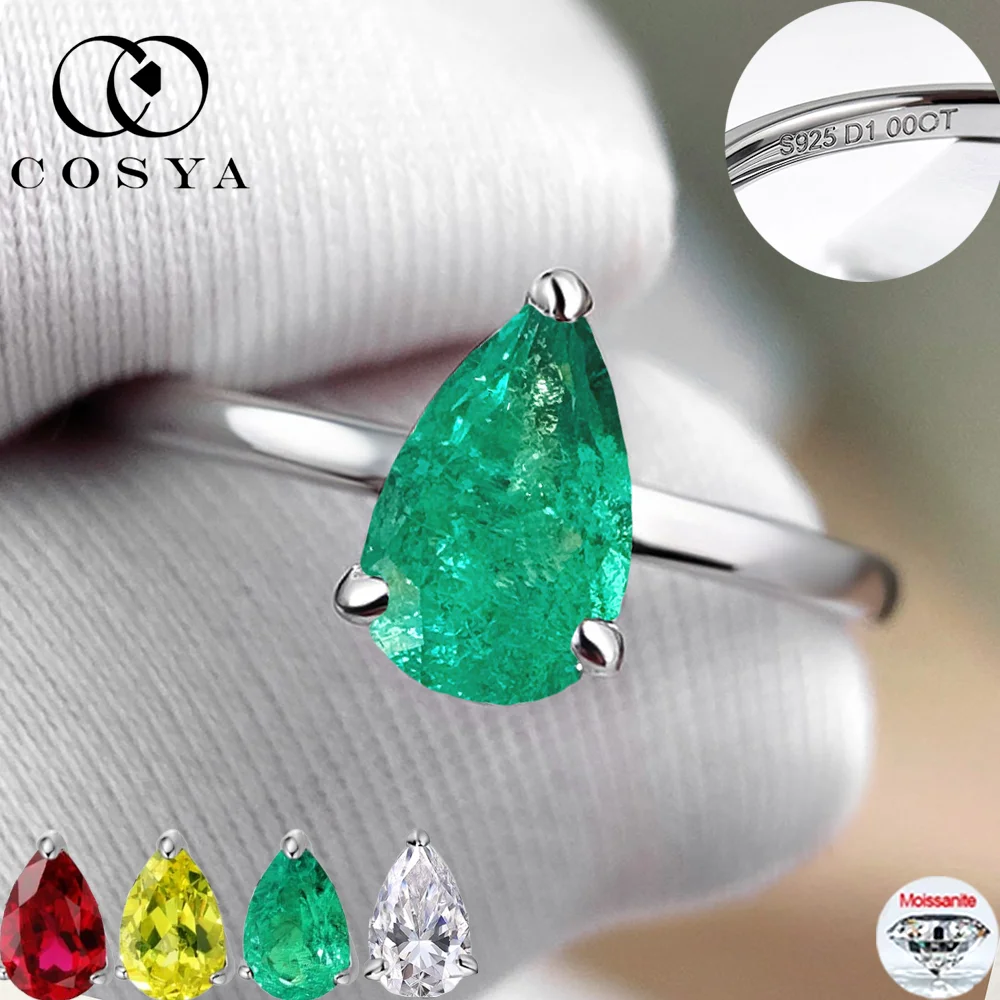 

COSYA 1CT 5*8mm Lab Grown Colombian Emerald/Ruby Ring For Women 100% S925 Silver D Moissanite Wedding Band Party Fine Jewelry