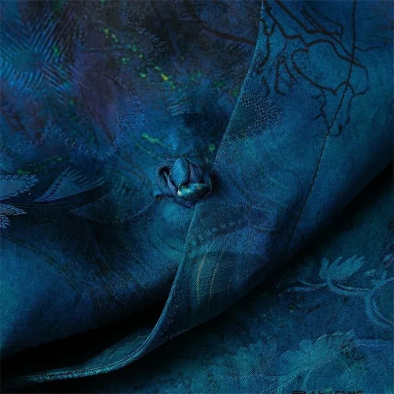 2025 New Summer Blue Floral Print Split Long Blouse Women Chinese Style Stand Collar Long Sleeve Womens Shirt Buttons Tops