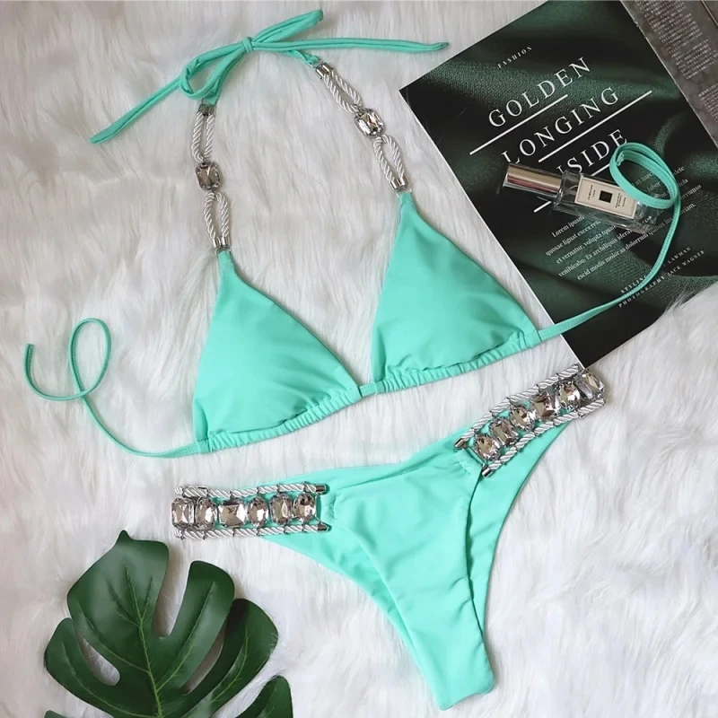 Swimsuit Sexy Crystal Women's Swimsuit Plain Strap Backless Bikini