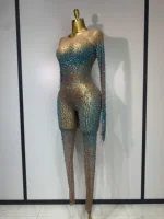 Luxury Rhinestones Bodycon Jumpsuit Sexy Women Mesh See Through Birthday Gown Women Bar Nightclub Dancer Stage Outfit - Image 2