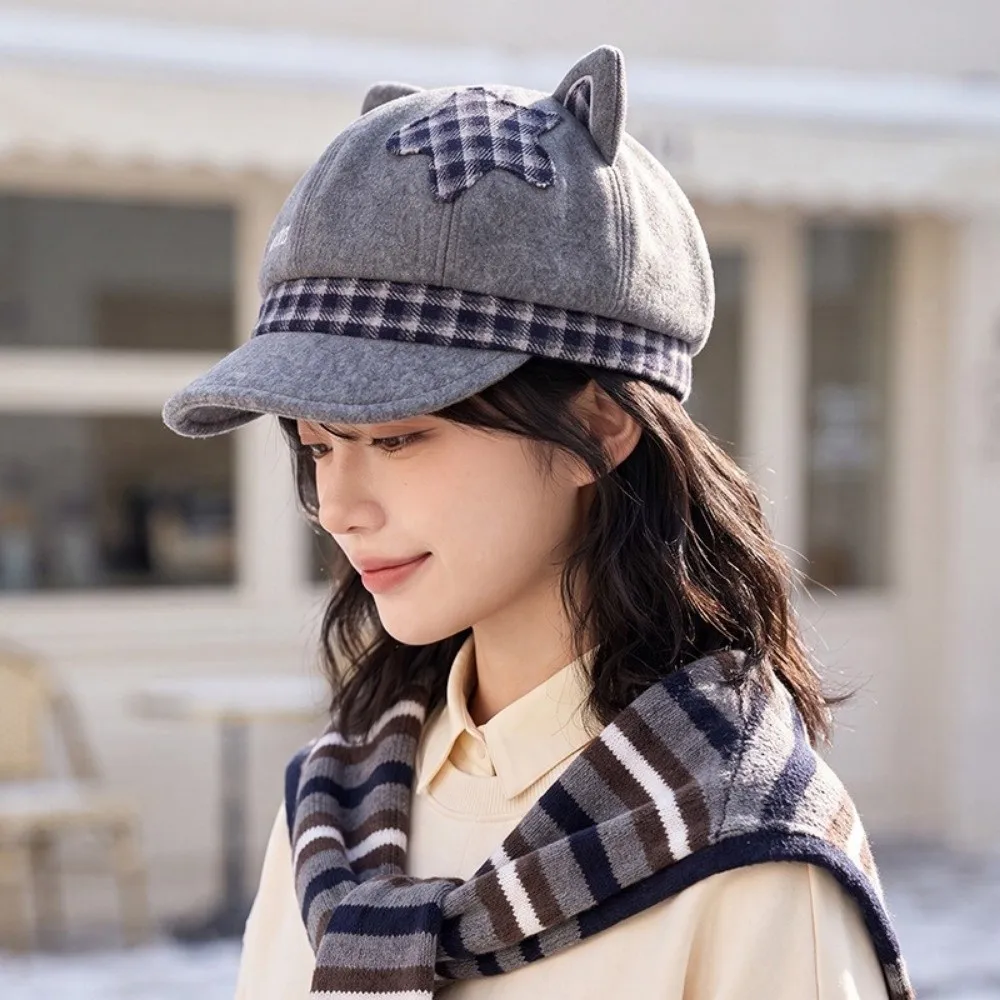 Cat Paw Pattern Cat Ears Beret Cap Autumn and Winter Plaid Women Octagonal Hat Peaked Y2k Streetwear Newsboy Hat Punk Goth