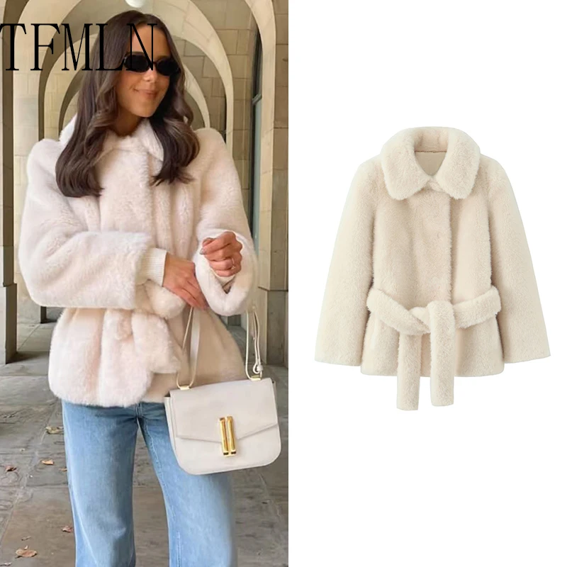 TFMLN سترات نسائية للخريف والشتاء برباط من الفرو الصناعي أنيقة وأنيقة غير رسمية معاطف شارع فاخرة دافئة #1