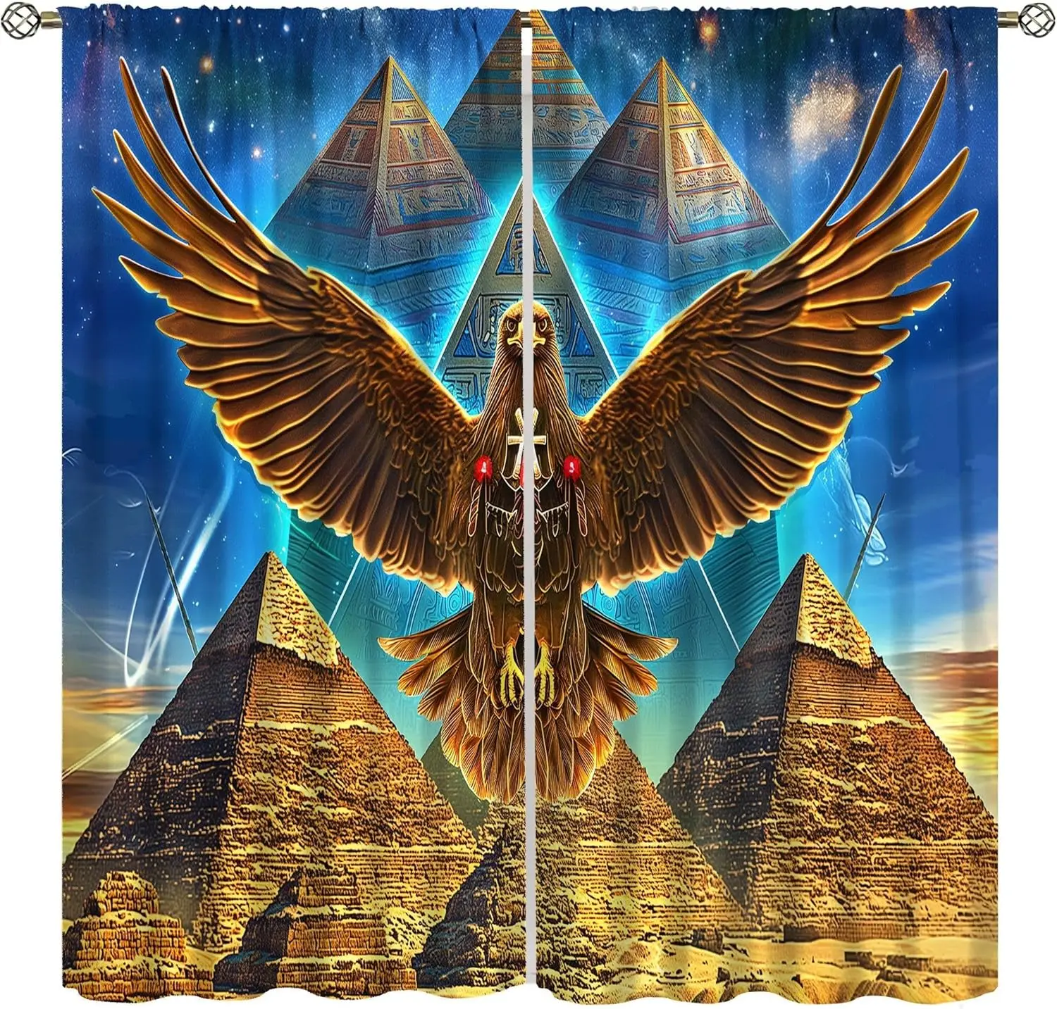 Mysterious Egyptian Curtains, Vintage Fantasy Starry Sky Sun and Moon Ancient Egyptian Pyramids Gemstone Nile River Decor Window