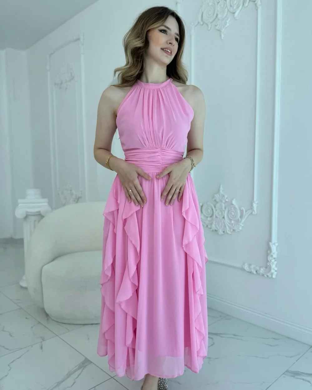 

Customized High Quality Classic Chiffon Draped Straight Scoop Neck Ankle Length Dresses Bespoke Occasion Dresses Fashion Simple