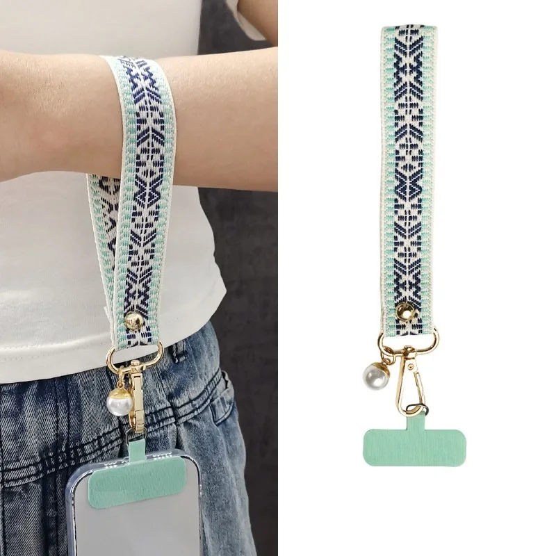 

Phone Lanyard Retro Pattern Weave Cloth Artifical Pearl Buckle Hang Card Wrist Strap Restrain Wide Bracelet Anti Lost Hand Rope