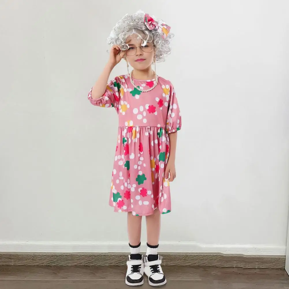 Kinderen Gek Oma Kostuum Kinder Oude Dame Grootmoeder Cosplay Kostuum Set Met Pruik Cane Bril Strik Kleurrijk Voor Kinderen