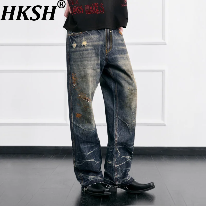 

HKSH Весна Осень Новые Мужские Рваные Джинсы Прямые Джинсовые Брюки Ретро High Street Chic Мода Повседневный Дизайн Ins W11890