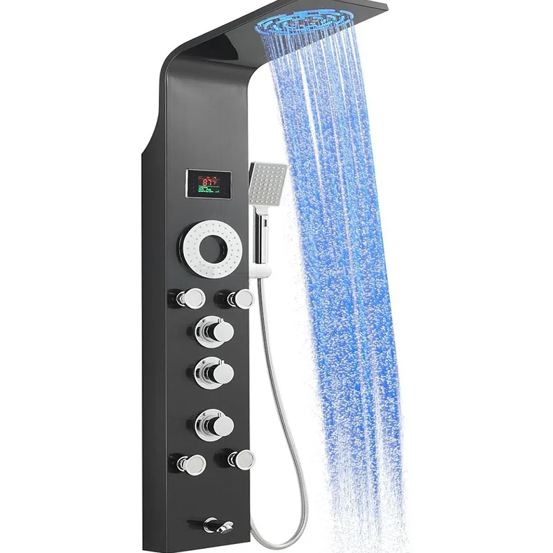 

ROVATE Hydroelectric Shower Panel Tower Led Lights Rainfall Mist 5 Body Jets Handheld Tub Spout Temp Display 304 Stainless Steel