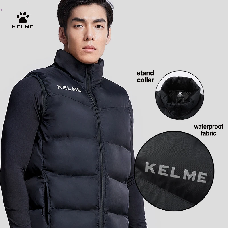 KELME Men Winter Down Vest Sport Training Lightweight Waterproof Outwear Short Stand Collar Casual Coat Windproof Warm Jacket