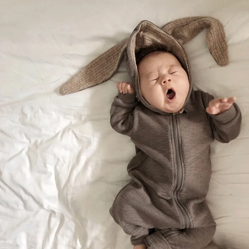 Newborn Infant Baby Bunny Romper Grey Knitted Hooded Jumpsuit with Long Rabbit Ears Soft Warm Winter Costume 0 24M