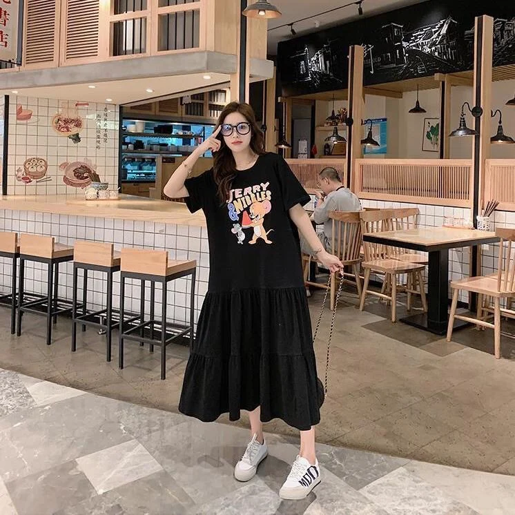 Grande taille été décontracté ample femmes Dr ort Sve couvrir longue t-shirt Dr Faionable a-ligne jupe Sle