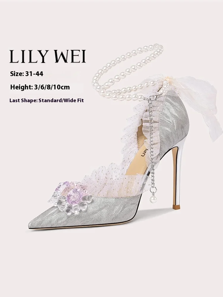 

Тонкие босоножки на высоком каблуке, весенне-летние новые свадебные туфли с острым кружевом и жемчугом, банкетная женская обувь большого размера, маленького размера