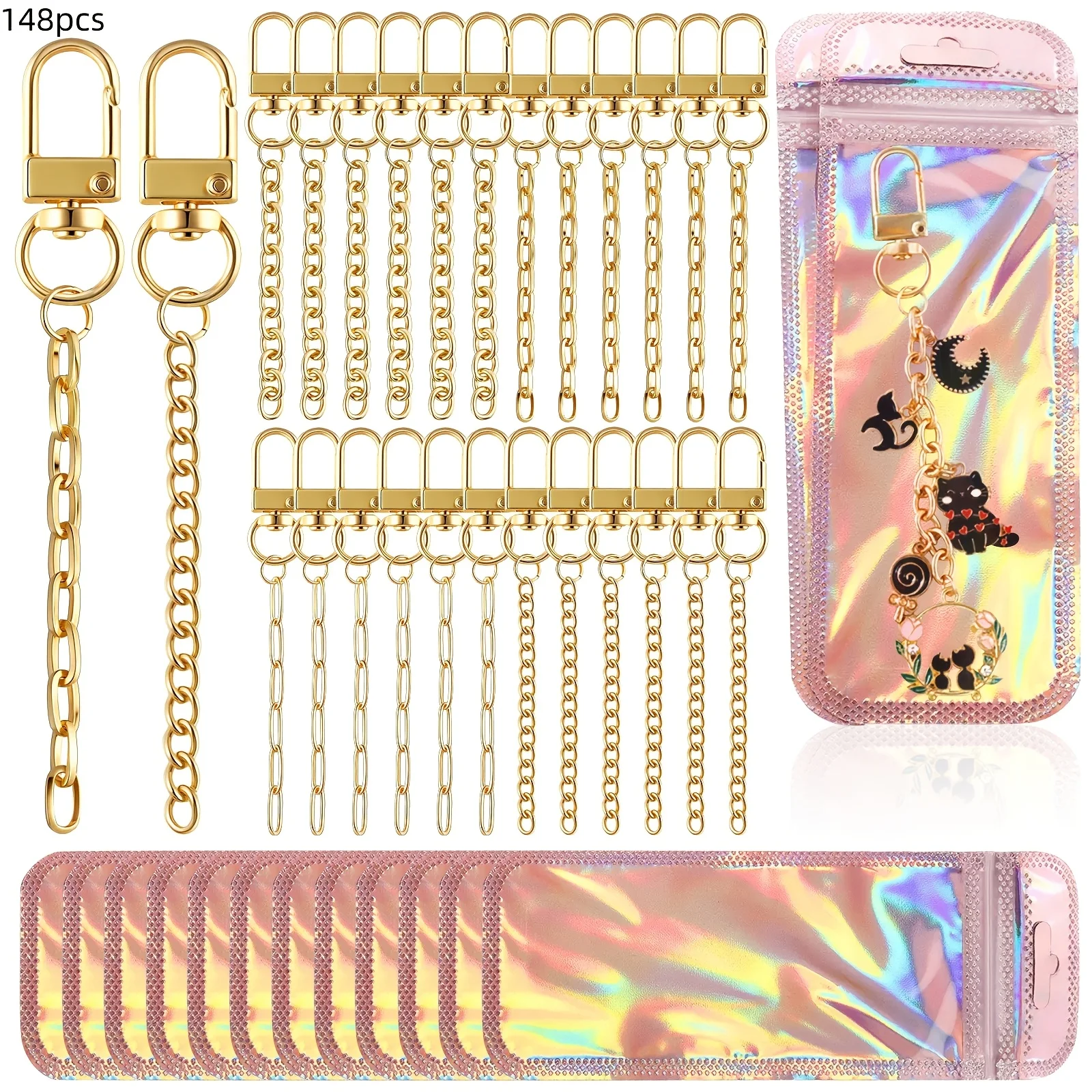 

Набор для изготовления металлических брелоков (148 шт.) с поворотными крючками, застежками-карабинами, удлинительными цепочками и розовыми кольцами для ключей, для украшений, сумок, подарков