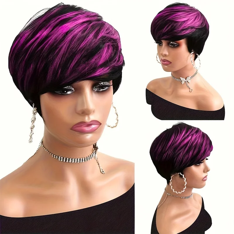 1B/Purple Color Straight Human Hair Wig With Bangs Pixie Cut Straight Human Hair Wig Full Machine Made Wig
