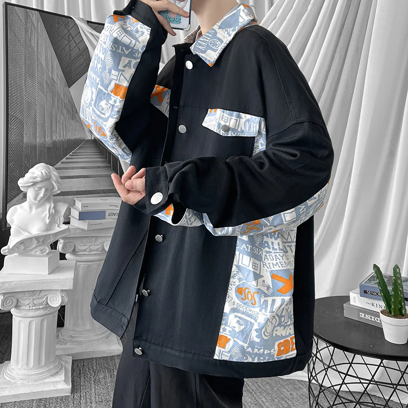 

Повседневная молодежная куртка для мужчин: весенне-осенняя, модная, свободного кроя, с воротником, теплая, с длинными рукавами, с геометрическим узором